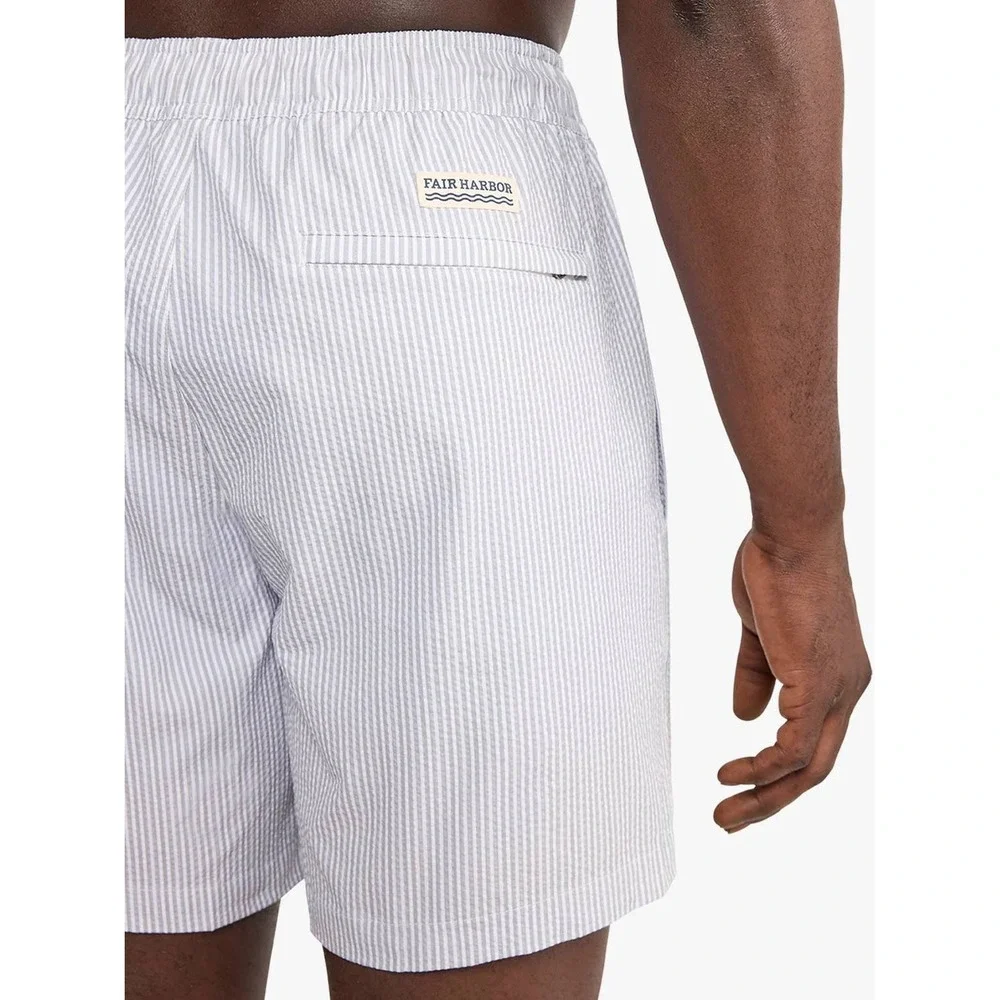 Fair Harbor Bayberry Trunk Swim Shorts Grey Seersucker Medium New With Tags
